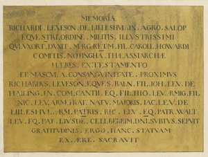 Wolverhampton - latinsk epitafium över amiral Richard Leveson i St. Peterskyrkan: ritning med penna och bläck, nd [? 1800-talet] av Unbekannt