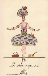 Kvinna i svampkostym, le mushroom, hatt och klänning i svampform, dekorerad med sniglar och blommor. Litografi av okänd konstnär med handmålning med stencil från "Nos Travestis" (Våra maskeraddräkter), Paris av Unbekannter Künstler
