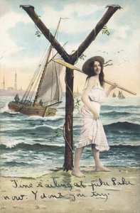 Y: En barfota kvinna i en kort ärmlös klänning håller en åra över sin vänstra axel. Marin dekor - Alfabettecken Ref Th. E., L. Theochrom - Serie 994. Theodor Eisman, förläggare, Leipzig av Unbekannt