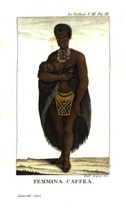 Ung San-kvinna ammar barn, Sydafrika. Hon bär cape, halsband och kjol med pärlor. Från Francois Le Vaillant (Levaillant av Unbekannter Künstler
