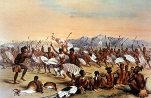 Zuluernas jaktdans, ca 1848-1849 (gravyr) av Unbekannter Künstler
