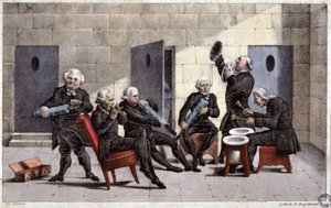 amatörer som spelar en courante, fransk karikatyr mot läkare (som håller sprutor och kammarskrudar som musikinstrument) och avföringsmedel på 1700-talet, gravyr av Elgelmann, ca 1830 av Unbekannter Künstler