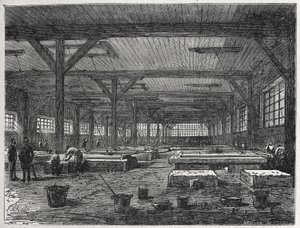 glasbruk: tillverkning av en spegel, ca 1880 (gravyr) av Unbekannter Künstler
