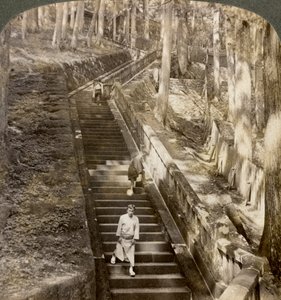 Ancient stone stairway up the hill to the tomb of Shogun Ieyasu, Nikko, Japan, 1904. av Underwood and Underwood