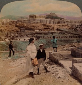 Akropolis i Aten, Lycabettus och kungliga palatset, från Philopappos monument, 1907. Konstnärer: Elmer Underwood, Bert Elias Underwood. av Underwood and Underwood