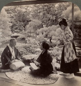 Trädgårdarna i hemmet för Mr Y Namikawa, ledare inom konstindustrin, Kyoto, Japan, 1904 av Underwood and Underwood