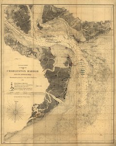 Charlestons hamn och dess tillfarter visar positionerna för rebellernas batterier. LOC 99448827