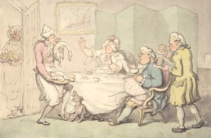Ett par vid bordet med tjänare, 1700-1800-talet. av Unknown,Unknown.