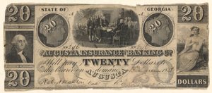 20 dollarsedel utfärdad av Augusta Insurance & Banking Co., Augusta, Georgia 1858 med gravyrer av självständighetsförklaringen efter Trumbull, Washington efter Stuart (?) av Unknown