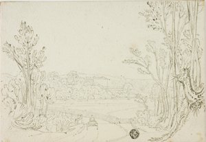 Kärra på väg över bro mellan träd; Villa på avstånd av Unknown