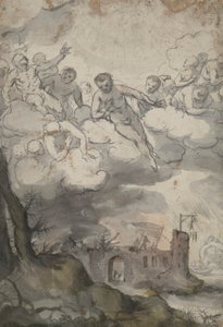 Himmelska gestalter ovanför ett slott som härjats av Döden och Djävulen av Unknown