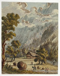Chalet och trädgård nedanför Alperna (recto); Village  Glacier du Boissons, Chamix (verso) av Unknown