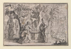 Kristus och den samaritanska kvinnan (Johannes 4), en av fyra scener ur Kristi liv av Unknown