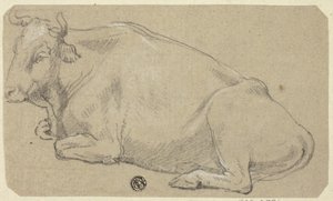 Ko liggande på hasen (recto); Kvinnohuvud och skiss av hästhuvud (verso) av Unknown