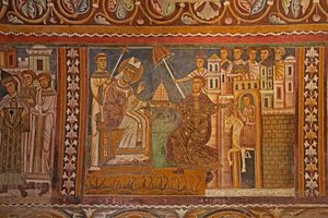 Kejsar Konstantin presenterade sin kejserliga tiara för påven Sylvester, vilket gav honom härska över Rom, västra väggen i kapellet San Silvestro, 1246 av Unknown