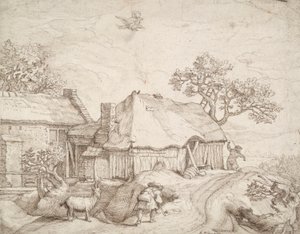Gårdsbyggnader med bönder, en get och bortförandet av Ganymedes av Unknown