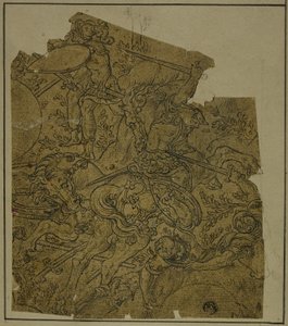 Fragment: Beväpnade krigare till häst kämpande fotsoldater av Unknown