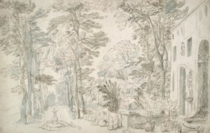 Trädgård med fontäner och krukväxter buskar av Unknown