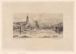 Utsikt över Kehrwiederspitze och en kyrka, i Hamburg av Unknown