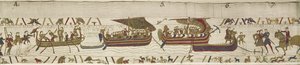 Harold korsar kanalen till Guy, greve av Ponthieu, där han fångas, Bayeux Tapestry (ullbroderi på linne) av Unknown