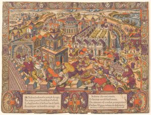 Jerusalem est pris & brulee, le Roy Sedecias a les yeux crevez. Et Jeremie est mene en Babilone. (Jerusalem intas och bränns upp; kung Seleucis får sina ögon utskurna. Och Jeremia förs till Babylon. Jeremia 39-43), nr. 6, Berättelsen om Jeremia av Unknown