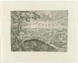 Landskap med stadsutsikt och strålande sol av Unknown
