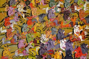 Marwar-målning: Detalj från Demonerna förbereder sig för strid mot gudinnan Durga, Mehrangarh Fort palace museum, Jodhpur, Rajasthan, Indien av Unknown