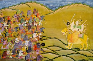 Marwar-målning: Demonerna förbereder sig för strid mot gudinnan Durga, Mehrangarh Fort palace museum, Jodhpur, Rajasthan, Indien av Unknown