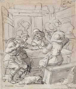 God Jul (recto); Kvinna och soldat sitter vid bordet (verso) av Unknown