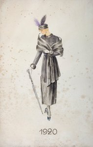 Modell klädd i kappa och hatt med fjädrar, bärande ett paraply, 1920 av Unknown