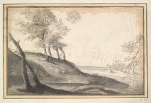 Bergigt landskap med träd och stad på avstånd av Unknown