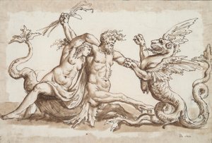 Nereid och Triton slåss mot en Griffon av Unknown