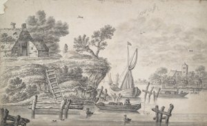 Flodlandskap med hög vall till vänster av Unknown