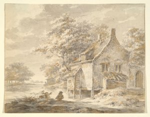 Flodlandskap med hus av Unknown