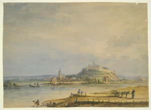 Flodscen med stad, slott på kullen och arbetande bönder av Unknown