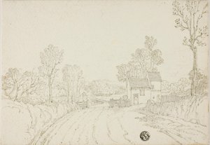Väg förbi hus i landskap av Unknown