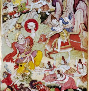 Shiv förstör demonen Andhaka, Harivamsa-manuskript, Mughal, S1590 av Unknown