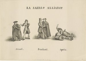 Tecknad serie om alliansen mellan det romersk-katolska partiet och det liberala partiet mot den holländska regeringen, 1828 La Sainte Alliance (titel på objekt) av Unknown
