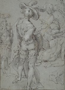 Stående ungdom sedd bakifrån och andra figurer av Unknown