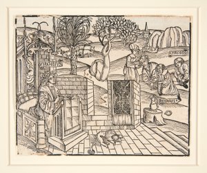 Herdarna Chromis och Mnasyle som binder upp den sovande silenusen. 1502. Från en illustrerad publikation av Vergilius av Unknown
