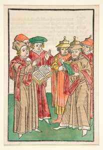 Tre kristna och tre judiska forskare disputerar, illustration från Der Seelen-Wurzgarten av Unknown