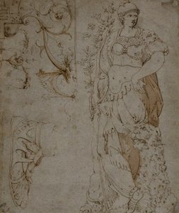 Tre skisser: Fortitude, en sandal och grotesker (recto); Skisser av grotesker och romersk kuirass (verso) av Unknown