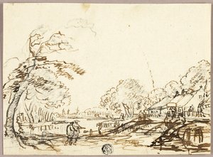 Två figurer längs floden nära broar och hus (recto); Två figurer på en bro som tittar på en man i en kista (verso) av Unknown