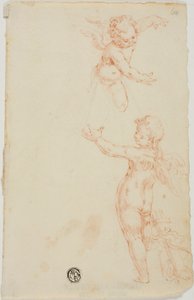 Två bevingade Putti, en flygande av Unknown