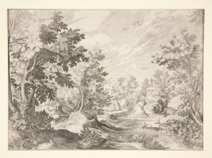 Utan titel (Landskap med figurer i båt i förgrunden) av Unknown