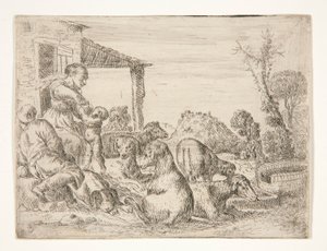 Untitled (Bondfamilj med hundar och lamm i ett landskap) av Unknown