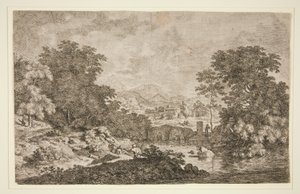 Untitled [Pastoral scen - bergigt landskap nära vatten och fem figurer] av Unknown