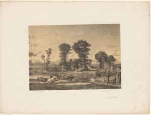 Ängslandskap med betande hästar av Unknown