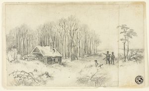 Woodland Hut, med jägare som närmar sig av Unknown