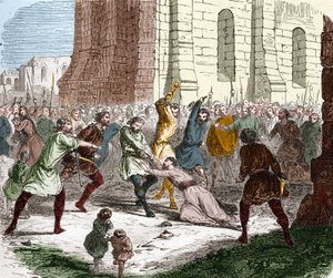 (Kommunen i staden Laon mot förtrycket av biskopen Gaudry av Unknown artist